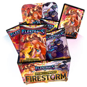 Elestrals - Firestorm Booster Box - Elestrals Firestorm Booster Box with vibrant character artwork, featuring fiery orange and dark blue card packs and themed.