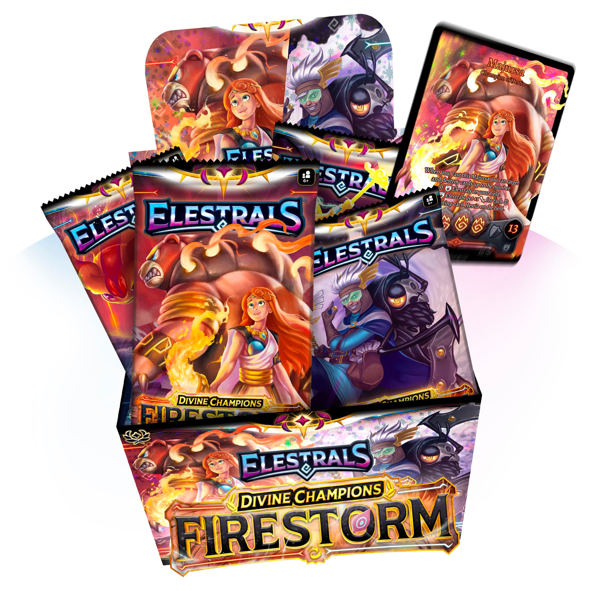 Elestrals - Firestorm Booster Box - Elestrals Firestorm Booster Box with vibrant character artwork, featuring fiery orange and dark blue card packs and themed.