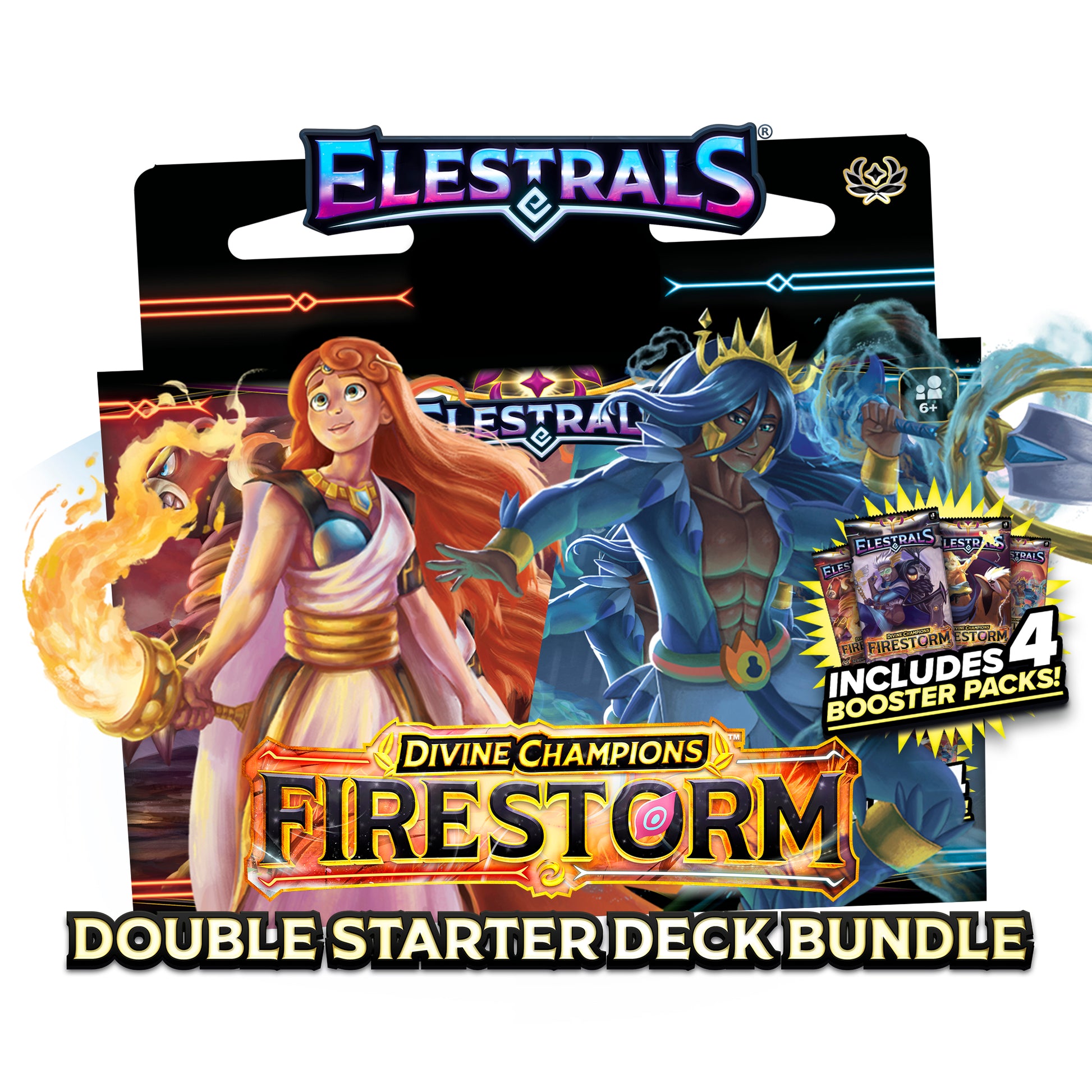 Elestrals - Firestorm Hestia vs. Poseidon Double Starter Deck Bundle - Elestrals Firestorm Hestia vs. Poseidon double starter deck box featuring vibrant illustrations of fiery Hestia and armored.