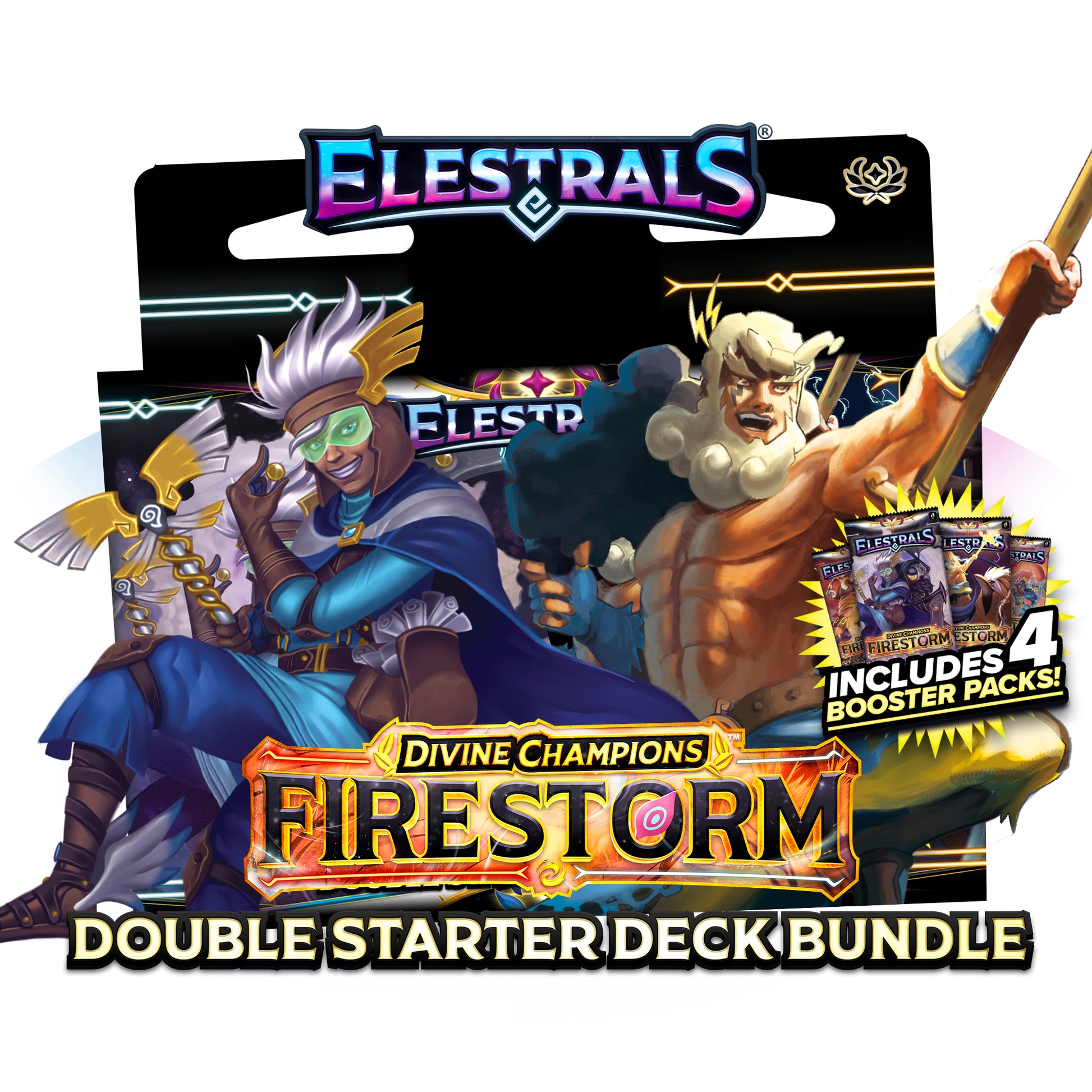 Elestrals - Firestorm Hermes vs. Zeus Double Starter Deck Bundle - Elestrals Firestorm Divine Champions double starter deck bundle with vibrant illustrated characters and four booster packs.