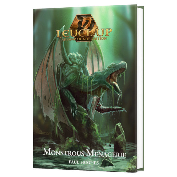 Level Up Advanced 5E: Monstrous Menagerie - Green hardcover RPG book titled Level Up Advanced 5E Monstrous Menagerie with a dragon statue on the cover.