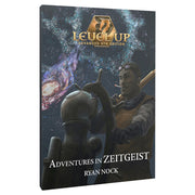 Level Up Advanced 5E: Adventures in Zeitgeist (PREORDER) - Dark-themed RPG book cover with a knight and warrior facing a cosmic, starry background, titled Level Up Adventures in.