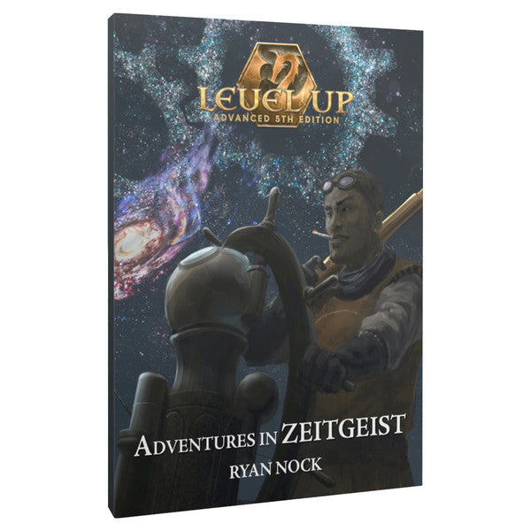 Level Up Advanced 5E: Adventures in Zeitgeist (PREORDER) - Dark-themed RPG book cover with a knight and warrior facing a cosmic, starry background, titled Level Up Adventures in.