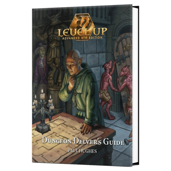 Level Up Advanced 5E: Dungeon Delver’s Guide (PREORDER) - Hardcover book with a dark fantasy cover showing a hooded figure studying maps in a dungeon setting, titled "Level Up.