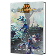 Level Up Advanced 5E: Planestrider’s Journal - Book cover featuring fantasy artwork of armored characters wielding weapons on a ship, with a pale blue and gray color.