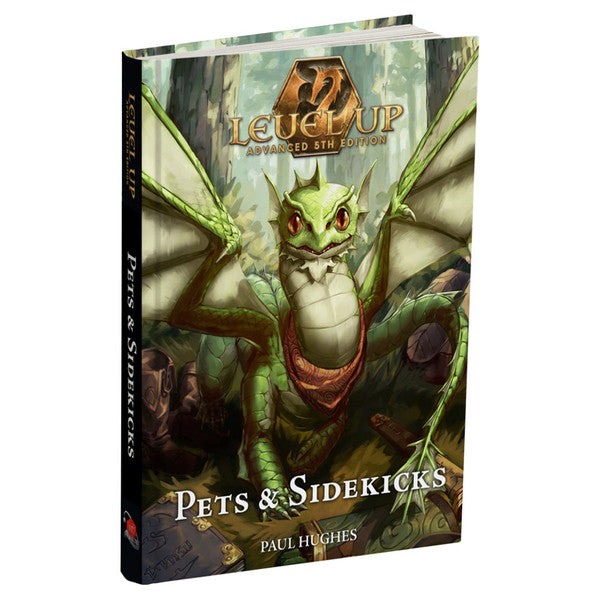 Level Up Advanced 5E: Pets & Sidekicks - RPG book with green dragon wearing red scarf on forest background titled Level Up Advanced 5E Pets & Sidekicks.