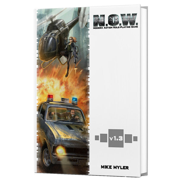 What's OLD is NEW: N.O.W Corebook - RPG corebook with a helicopter and exploding scene on the cover, white background, version 1.3 by Mike Myler.