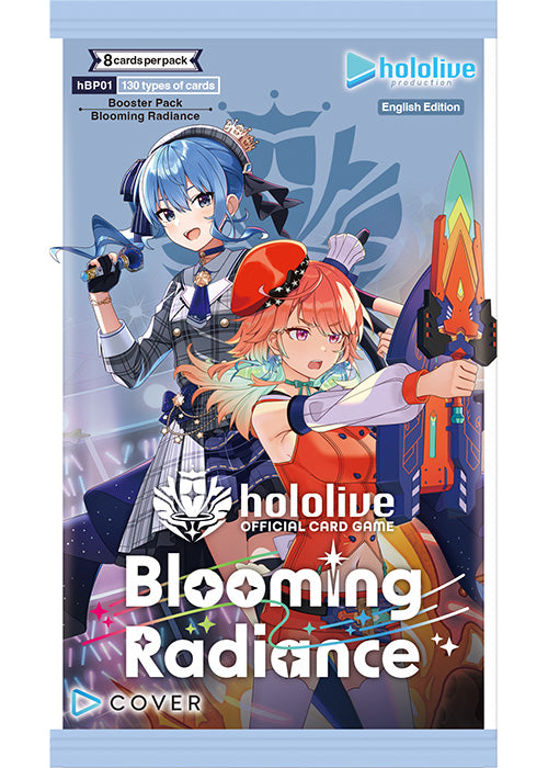 hololive OCG: Blooming Radiance - Booster Pack - Colorful card game booster pack featuring two anime characters, one with blue hair holding a microphone, and one with red.
