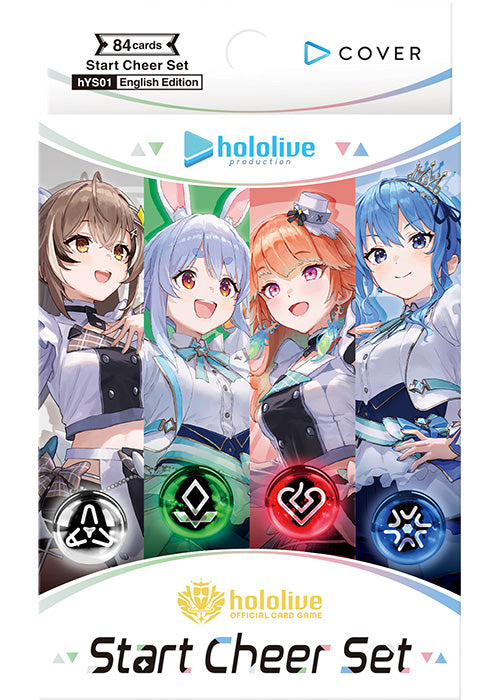 hololive OCG: Start Cheer Set - Four hololive OCG card sleeves featuring female anime characters with distinct hairstyles and colorful backgrounds in pastel