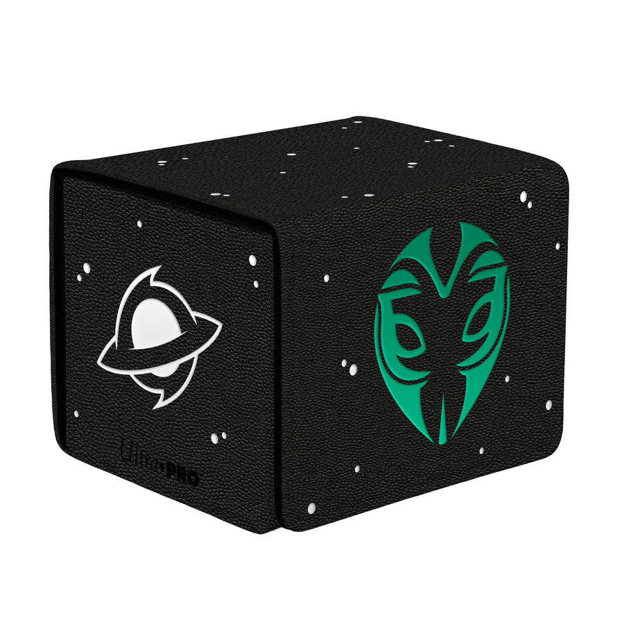 Ultra Pro Alcove Edge 100+: Magic the Gathering: Edge of Eternities - Evendo, Waking Haven - Black rectangular deck box with white speckles, featuring a white stylized planet icon on one side and a green tribal mask.