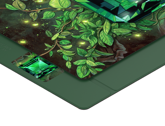 Heavy Play ETB Playmat: Art Masters Series - Emerald - Dark green gaming playmat with detailed leafy vine artwork and glowing firefly accents, layered on a solid green surface.