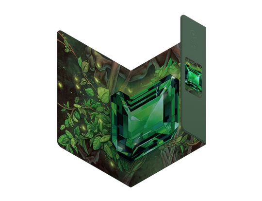 Heavy Play ETB Playmat: Art Masters Series - Emerald - Folded heavy-duty playmat with emerald green gemstone design, dark forest green accents, and nature-inspired artwork.