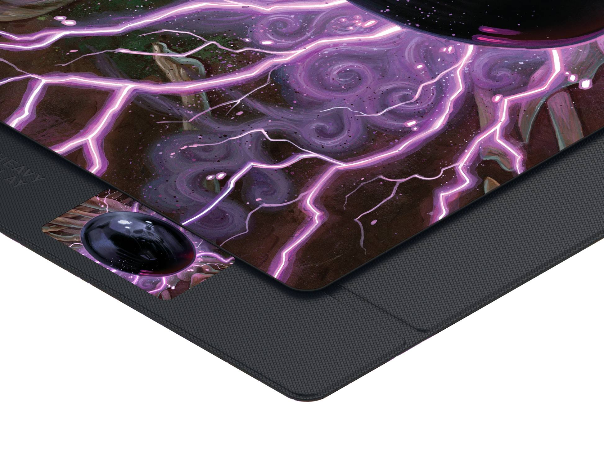 Heavy Play ETB Playmat: Art Masters Series - Jet - Black rectangular playmat with purple and white lightning design and swirling cosmic patterns.