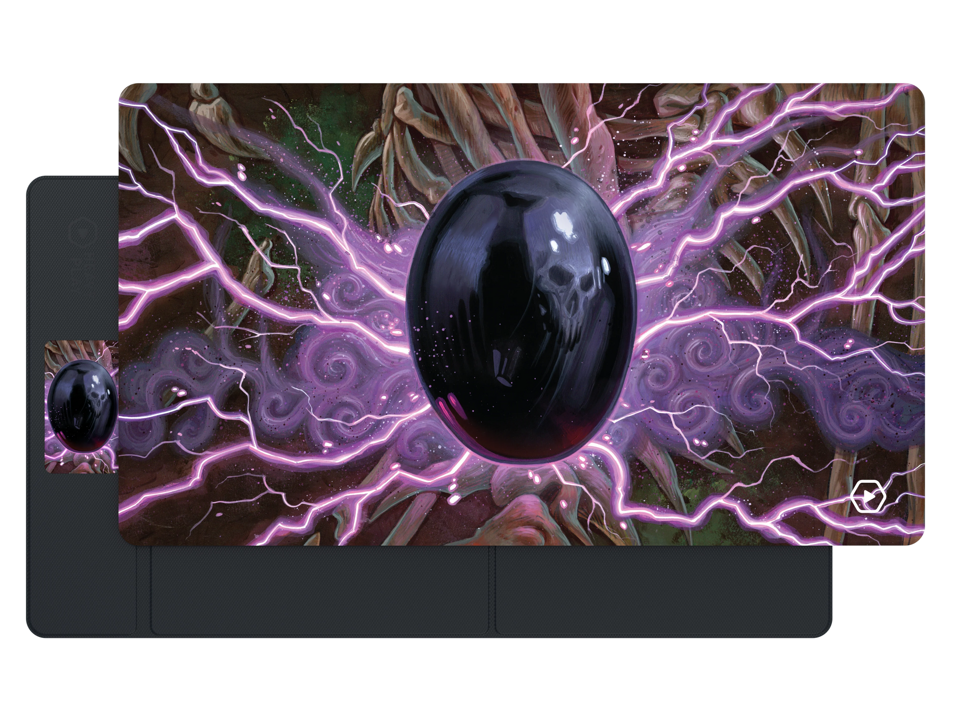 Heavy Play ETB Playmat: Art Masters Series - Jet - Large rectangular playmat featuring a dark, glossy black orb at the center with purple lightning and swirling mist on a.