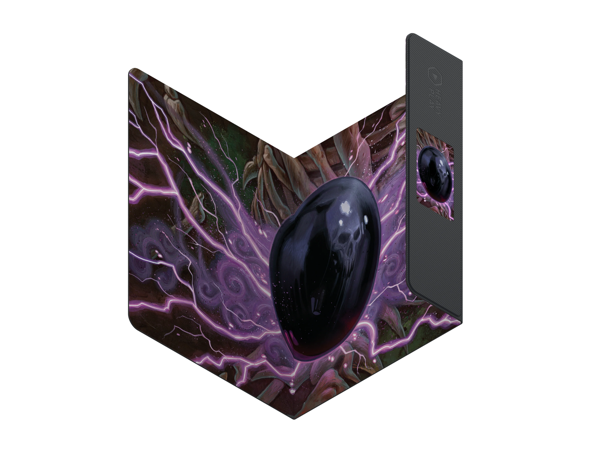 Heavy Play ETB Playmat: Art Masters Series - Jet - Folded playmat with dark purple and black abstract design featuring a glossy black orb and vibrant energy lines.