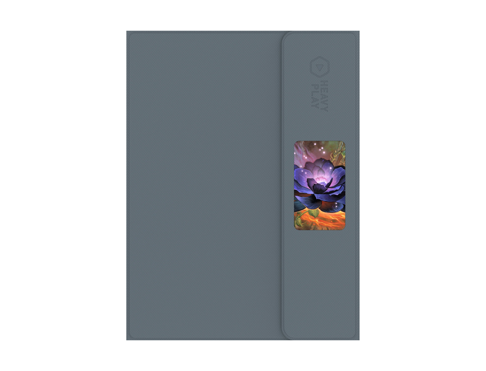 Heavy Play ETB Playmat: Art Masters Series - Lotus - Folded dark gray playmat with a built-in rectangular window displaying a colorful lotus flower illustration.