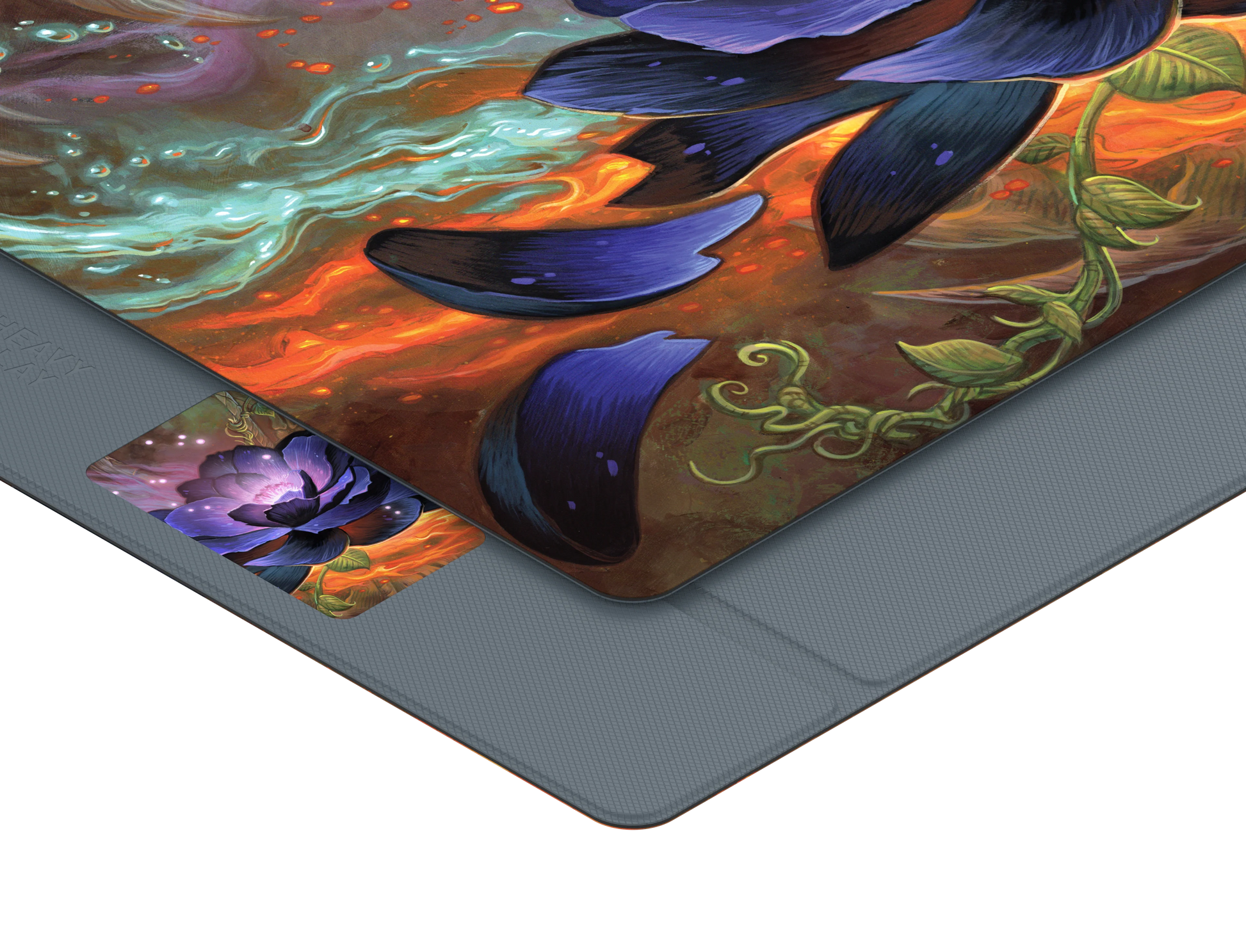 Heavy Play ETB Playmat: Art Masters Series - Lotus - Playmat with vibrant lotus flower design in blue and purple hues on a fiery orange and green background, featuring smooth,.