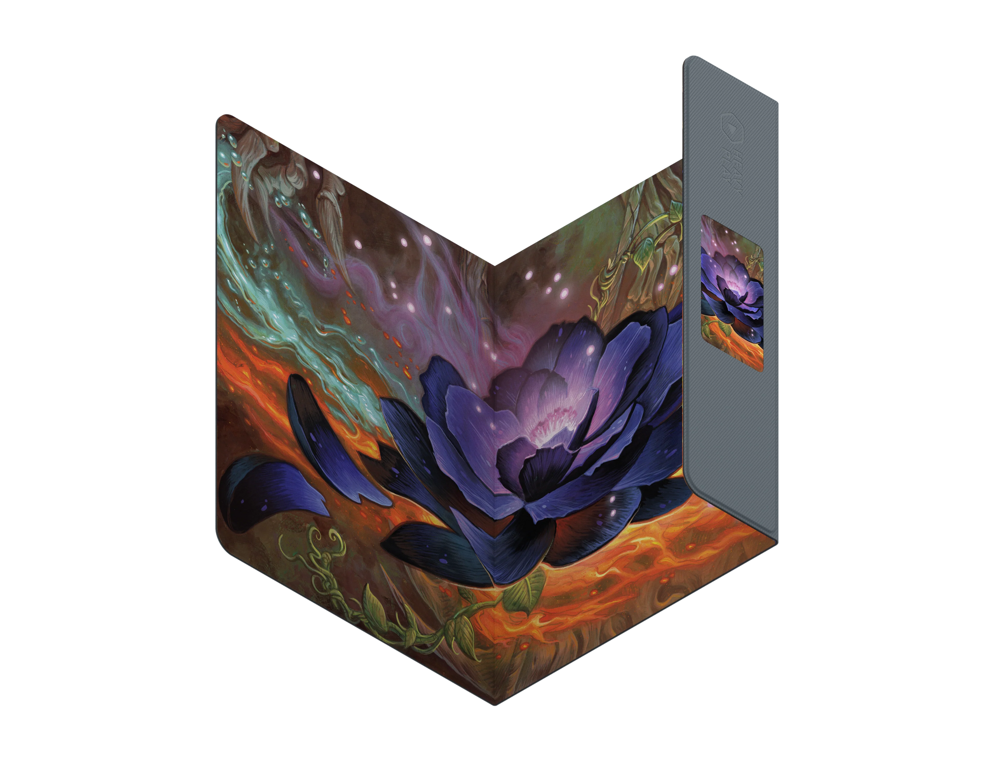 Heavy Play ETB Playmat: Art Masters Series - Lotus - Folded black playmat with vibrant purple lotus flower and swirling colorful abstract patterns.