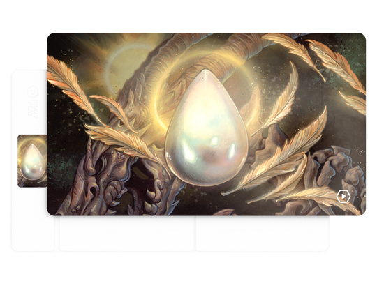 Heavy Play ETB Playmat: Art Masters Series - Pearl - Rectangular playmat featuring a large glowing pearl at center surrounded by golden feathers and dark, twisted branches on a.