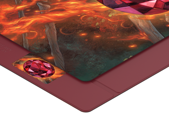 Heavy Play ETB Playmat: Art Masters Series - Ruby - Playmat with vibrant fiery orange and dark green cosmic artwork, featuring a large faceted ruby gem design on a smooth.