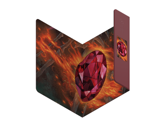 Heavy Play ETB Playmat: Art Masters Series - Ruby - Folded playmat featuring a large, faceted ruby gem design with fiery orange and dark background tones, accented by a solid.