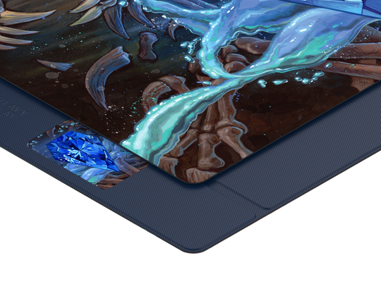 Heavy Play ETB Playmat: Art Masters Series - Sapphire - Playmat corner with deep blue edges and intricate fantasy artwork featuring swirling aqua and sapphire tones.