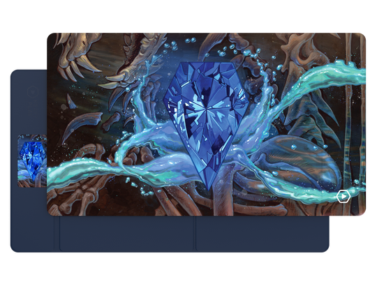 Heavy Play ETB Playmat: Art Masters Series - Sapphire - Dark blue playmat featuring a large faceted sapphire crystal surrounded by glowing blue water streams and brown twisted tree