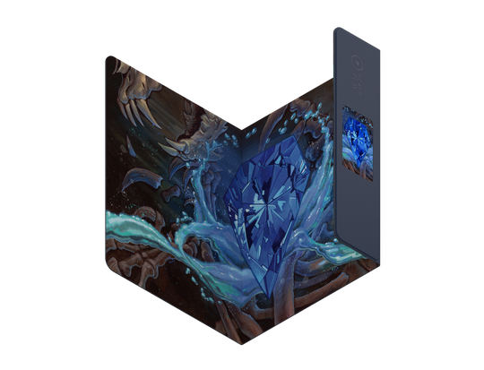 Heavy Play ETB Playmat: Art Masters Series - Sapphire - Folded playmat with vibrant sapphire blue crystal artwork and dark, swirling abstract background.