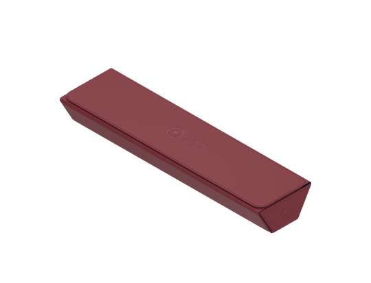 Heavy Play ETB Playmat Tube - Barbarian Red - Rectangular red hard tube case with embossed logo, designed for storing playmats.