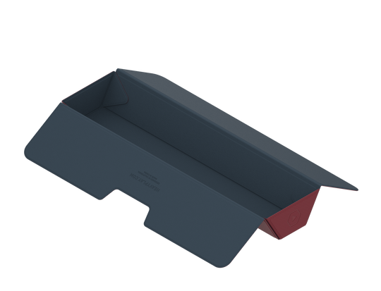 Heavy Play ETB Playmat Tube - Barbarian Red - Rectangular heavy-duty playmat storage tube in dark gray and red with angled side flaps and sturdy construction.