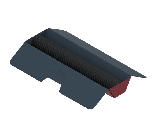 Heavy Play ETB Playmat Tube - Barbarian Red - Dark gray rectangular playmat tube with cylindrical black interior and red end caps, heavy-duty design.
