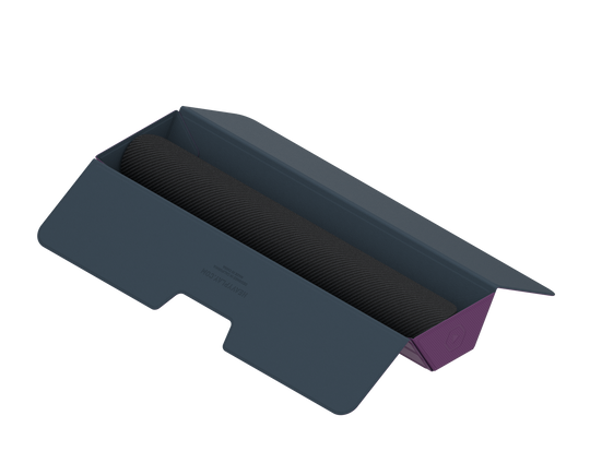 Heavy Play ETB Playmat Tube - Noble Purple - HeavyPlay ETB playmat tube in noble purple with black cylindrical center and angled end supports.