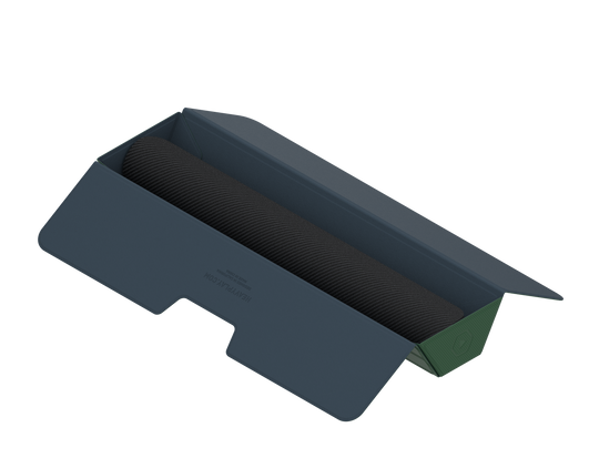 Heavy Play ETB Playmat Tube - Ranger Green - Ranger green heavy-duty foam playmat tube with black textured roller and angled sides for stability.