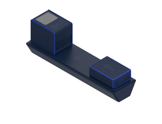 Heavy Play ETB Playmat Tube - Rogue Blue - Rogue blue rectangular playmat tube with two cube-shaped end caps, smooth surface, and subtle branding.