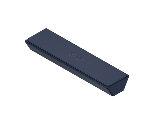 Heavy Play ETB Playmat Tube - Rogue Blue - Rectangular navy blue padded playmat tube with stitched edges and embossed logo on top.