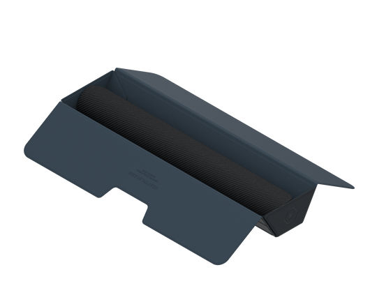 Heavy Play ETB Playmat Tube - Warlock Black - Black cylindrical playmat tube with angled dark gray protective cover and sturdy base edges.