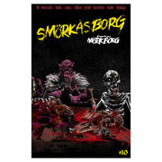 Mork Borg: sMorkasBorg #1 (PREORDER) - Dark fantasy book cover featuring a purple-skinned monstrous figure and a skeleton seated at a bloodied table with severed.