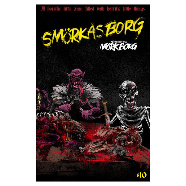 Mork Borg: sMorkasBorg #1 (PREORDER) - Dark fantasy book cover featuring a purple-skinned monstrous figure and a skeleton seated at a bloodied table with severed.