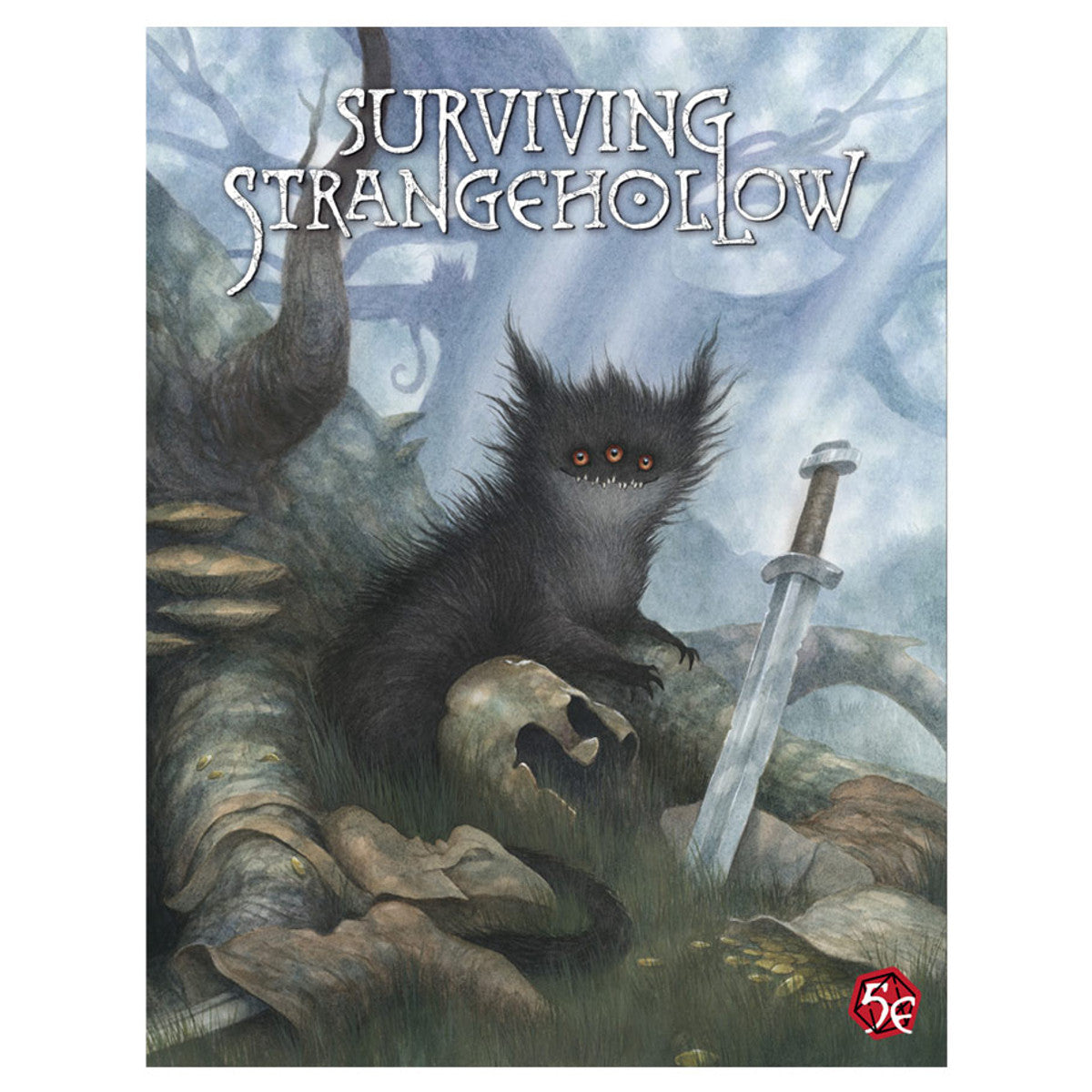 D&D 5E: Surviving Strangehollow (PREORDER) - Surviving Strangehollow featuring a dark, shadowy creature with glowing red eyes and sharp claws in a misty forest, next to.