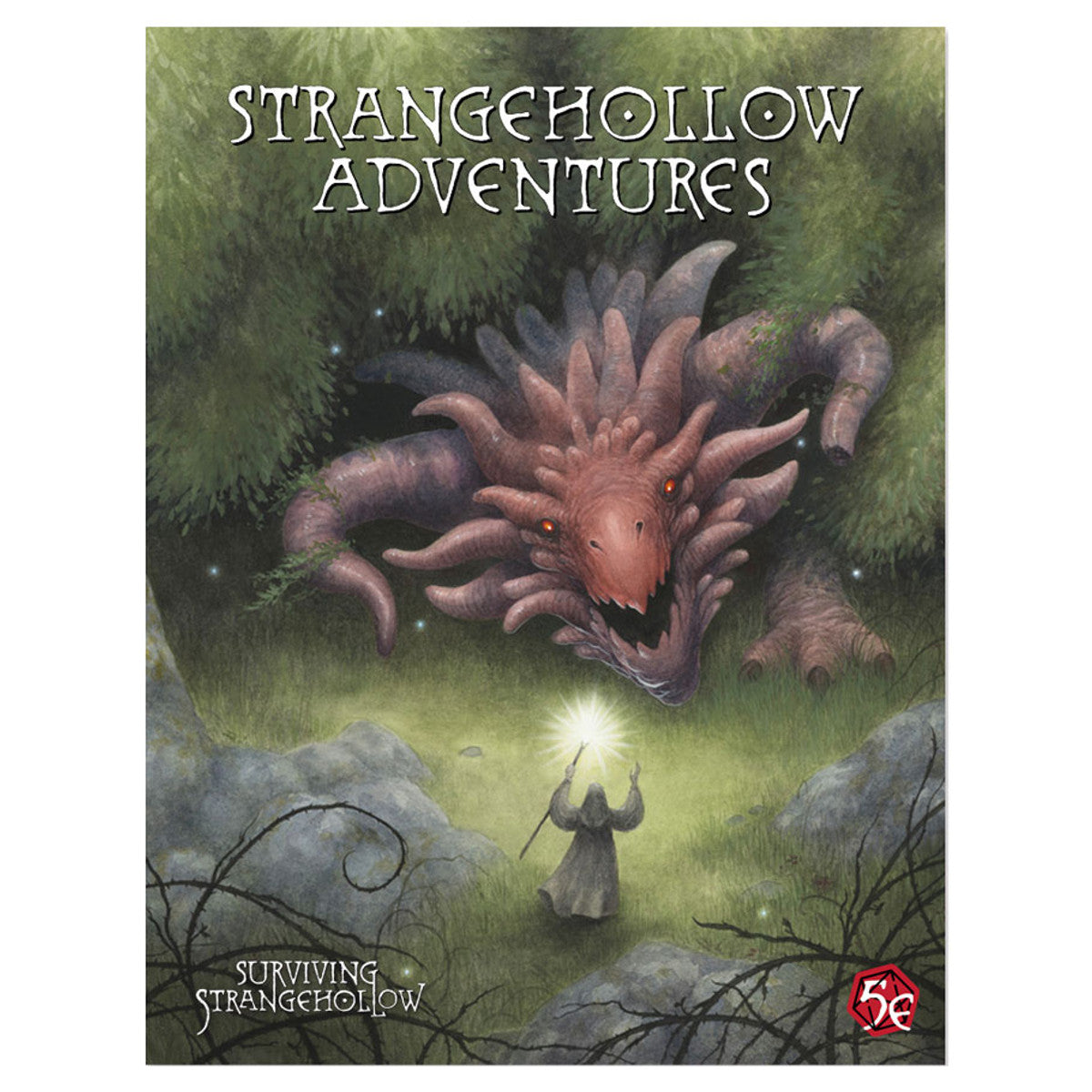 D&D 5E: Strangehollow Adventures (PREORDER) - RPG book cover with a hooded figure holding a glowing light facing a large pink-spiked monster in a dark forest.