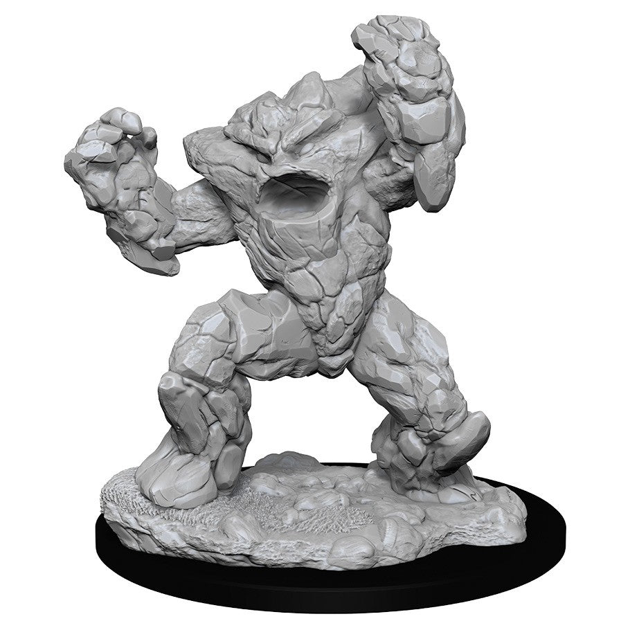 D&D Nolzur's Marvelous Minis: Earth Elemental - Unpainted gray resin miniature of a rocky humanoid earth elemental with raised fists on a textured black base.