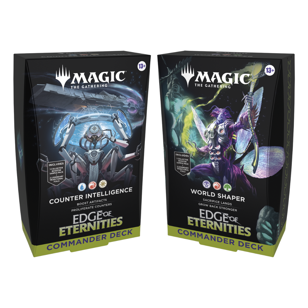 Magic: The Gathering - Edge of Eternities Commander Deck 2-Pack - The Gathering Edge of Eternities Commander Deck boxes, one featuring a robotic figure on a black background, the other a.