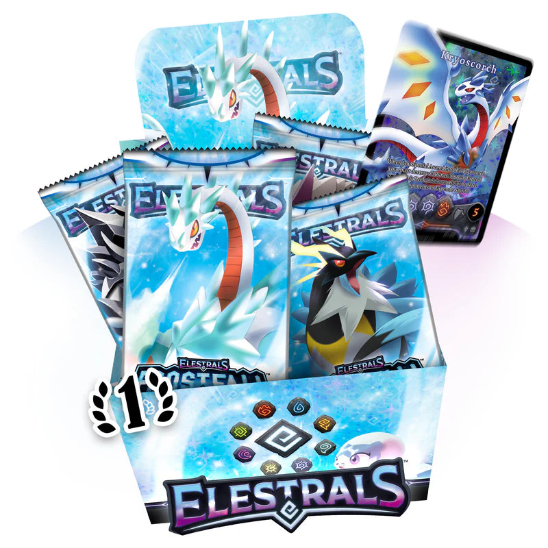 Elestrals - Frostfall - Booster Pack - Colorful booster pack display box with three Elestrals Frostfall card packs, featuring icy blue and white dragon-themed.