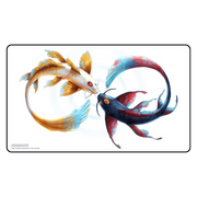 Gamermats Playmat: Eternal Bond by Jonas Jodicke (PREORDER) - Rectangular playmat featuring two koi fish, one white and gold, one black and red, swirling in a circular pattern on a white