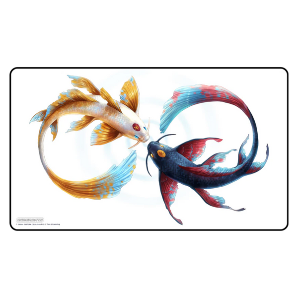 Gamermats Playmat: Eternal Bond by Jonas Jodicke (PREORDER) - Rectangular playmat featuring two koi fish, one white and gold, one black and red, swirling in a circular pattern on a white