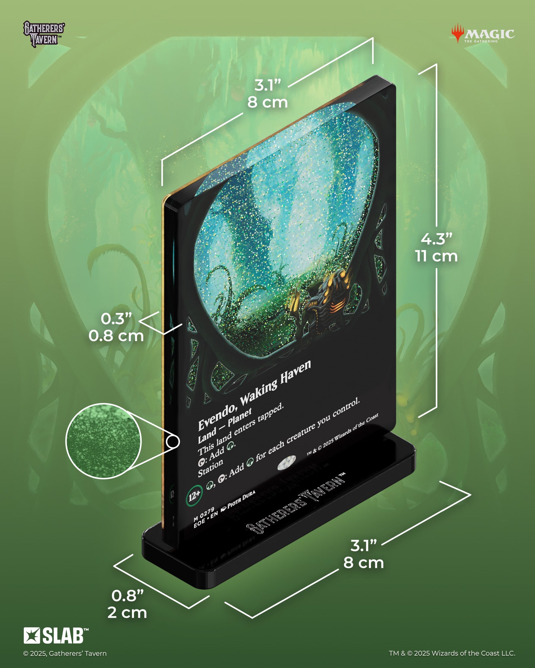 Magic: The Gathering - Evendo, Waking Haven Standee - Rectangular clear acrylic standee featuring vibrant blue and green fantasy forest artwork with black base and printed.