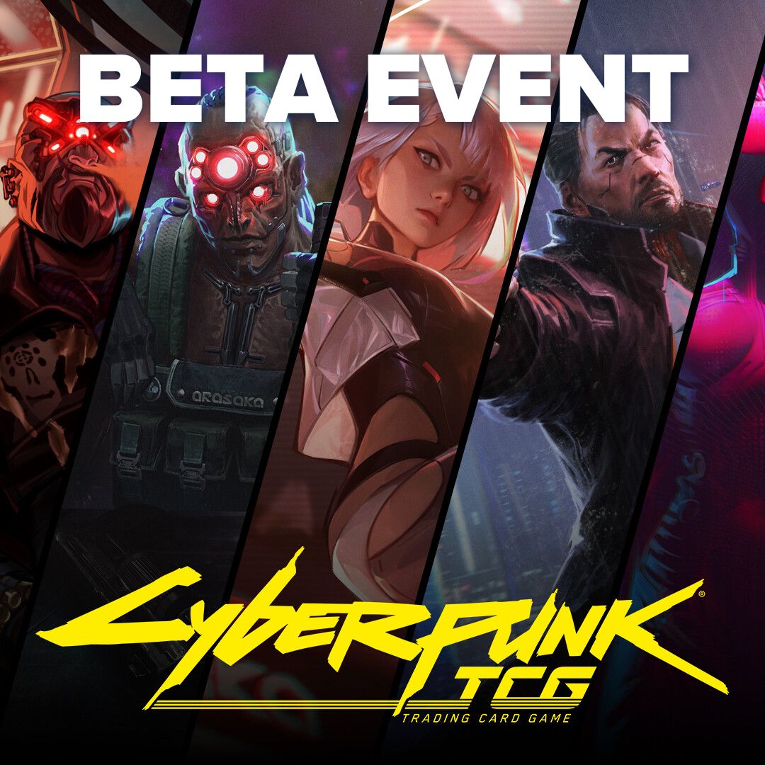 Cyberpunk TCG - Beta Event - Murray - Red-eyed cyborg, armored figure with glowing red eyes, blonde woman with futuristic attire, and bearded man in dark coat.