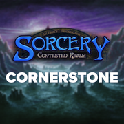 Sorcery Cornerstone - July 11th 2026 - Dark fantasy landscape with rocky cliffs and swirling mist under a purple sky, featuring blue and white Sorcery Contested.
