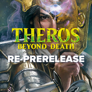 Theros Beyond Death Re-Prerelease - Murray - Fantasy warrior in gold helmet and armor holding a glowing orb with "Theros Beyond Death Re-Prerelease" text overlay.