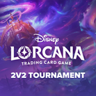 Lorcana 2v2 March 13th, 2026 - Vibrant cosmic background with swirling purple and blue nebulae, featuring a glowing castle tower; bold white text reads.